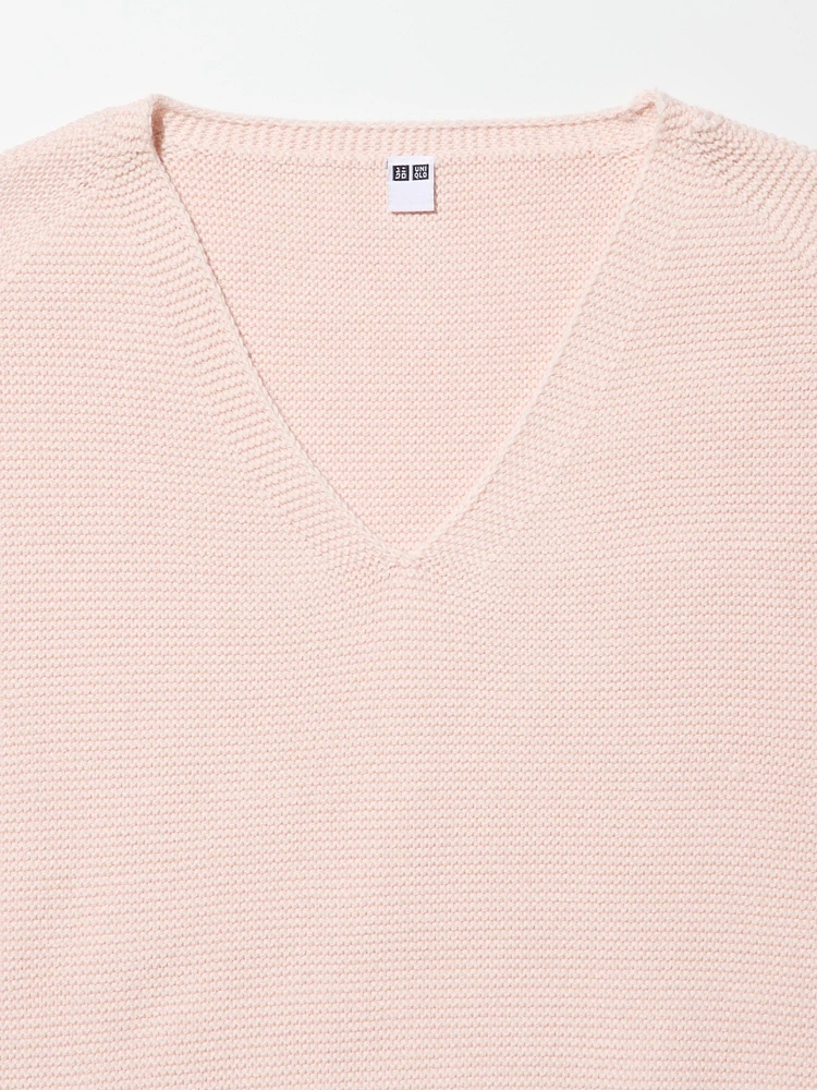 3D KNIT COTTON RELAXED V NECK SWEATER