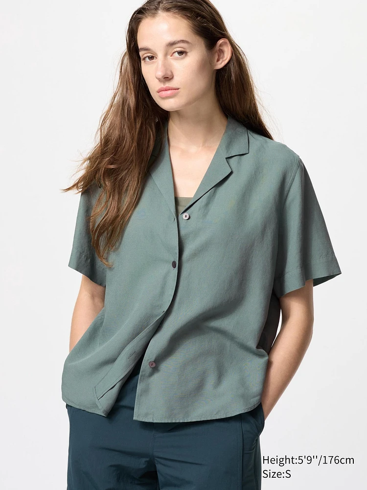 LINEN BLEND OPEN COLLAR SHIRT