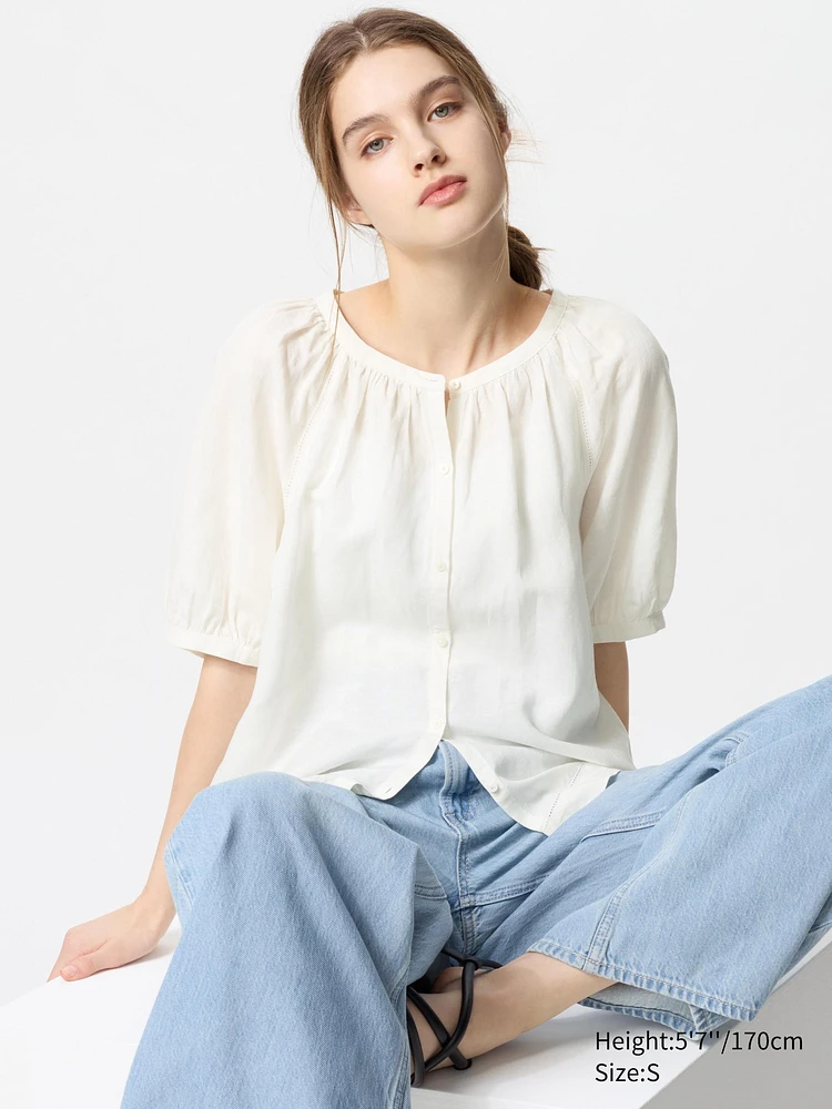 LINEN BLEND VOLUME SLEEVE BLOUSE