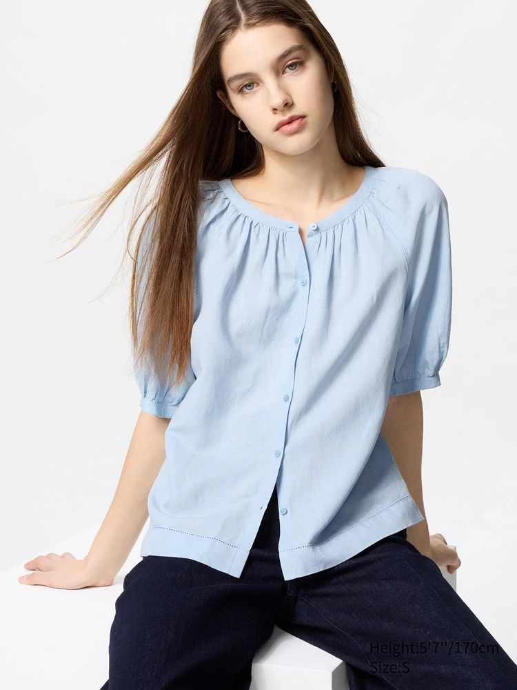 LINEN BLEND VOLUME SLEEVE BLOUSE