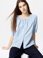 LINEN BLEND VOLUME SLEEVE BLOUSE