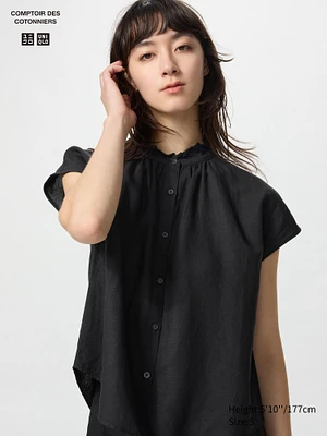 LINEN BLEND FRILLED BLOUSE SHORT SLEEVE