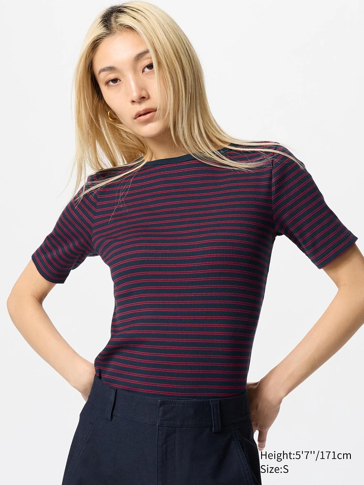 RIBBED BOAT NECK T HALF SLEEVE