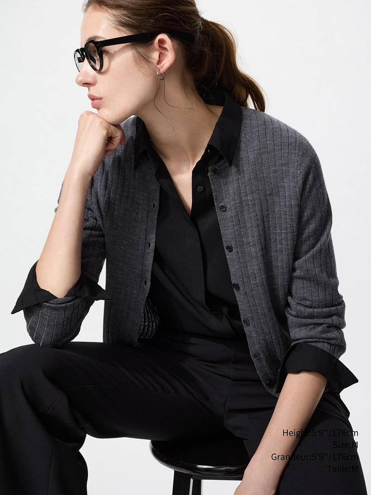 MERINO RIBBED CREW NECK SHORT CARDIGAN