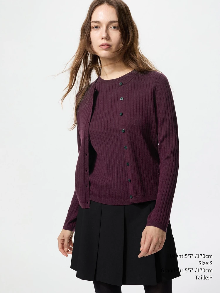 MERINO RIBBED CREW NECK SHORT CARDIGAN
