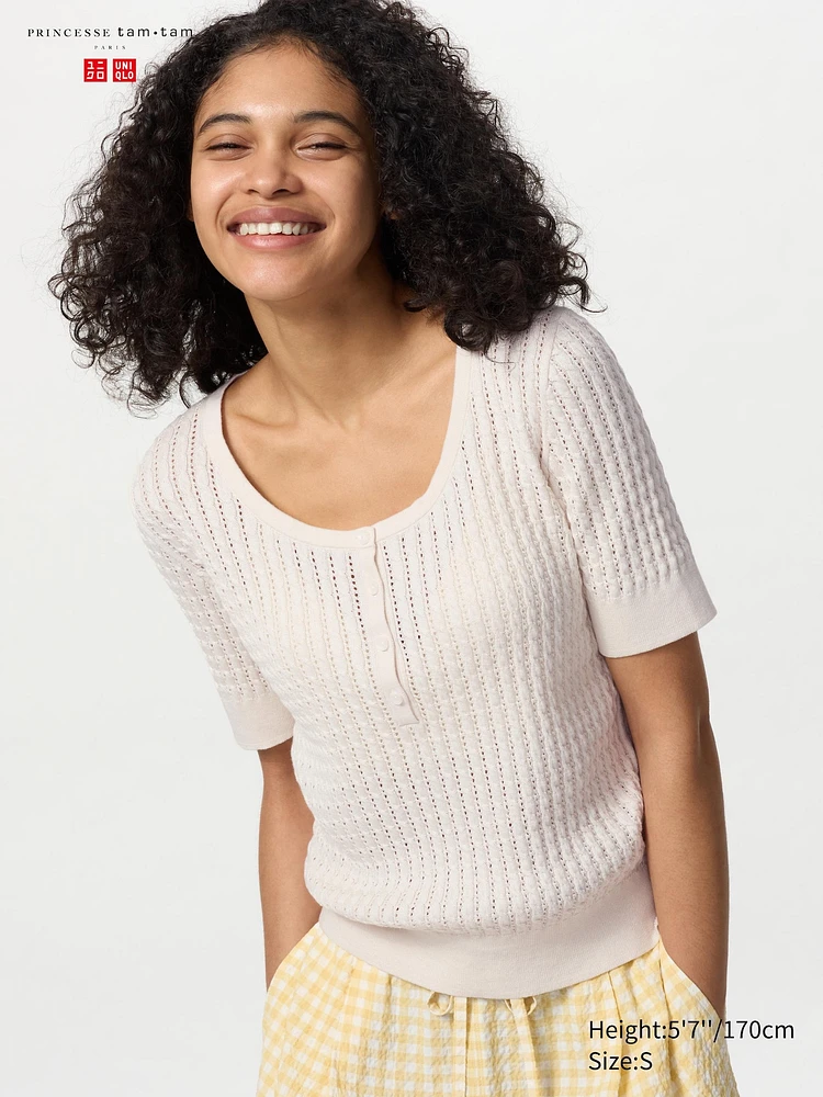 POINTELLE KNIT HENLEY NECK SWEATER