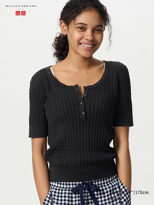 POINTELLE KNIT HENLEY NECK SWEATER