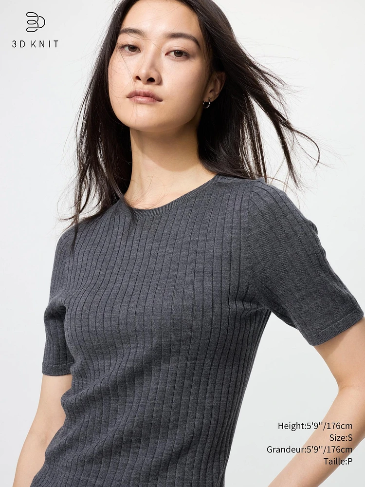3D KNIT MERINO RIBBED CREW NECK SWEATER