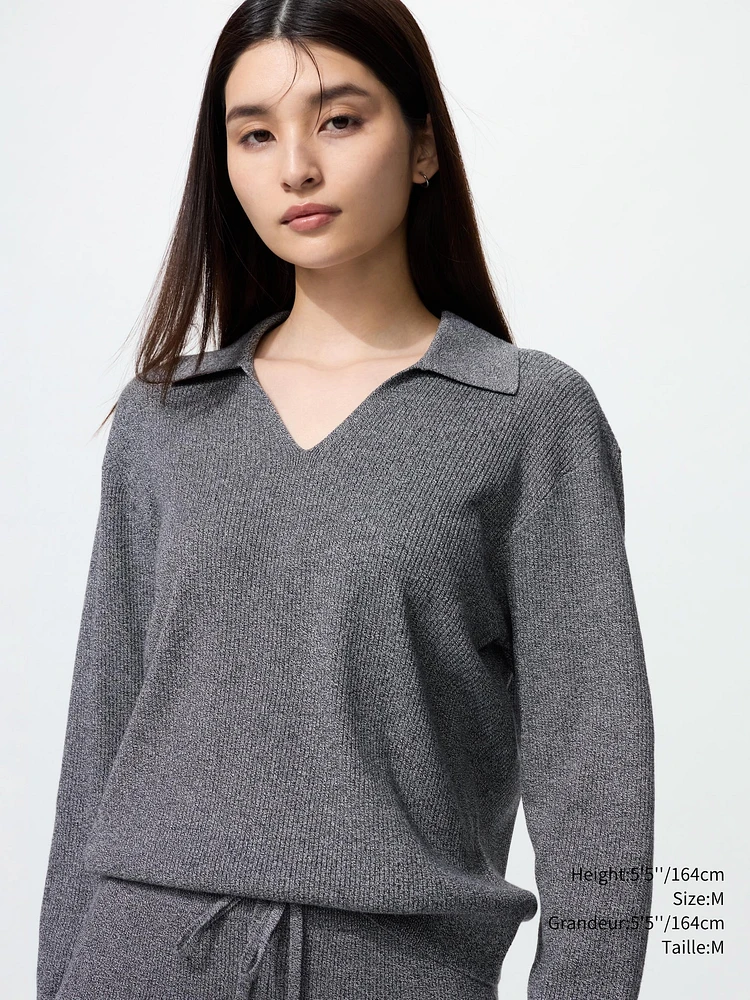 WASHABLE KNIT RIBBED POLO SWEATER