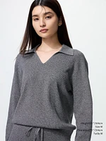 WASHABLE KNIT RIBBED POLO SWEATER