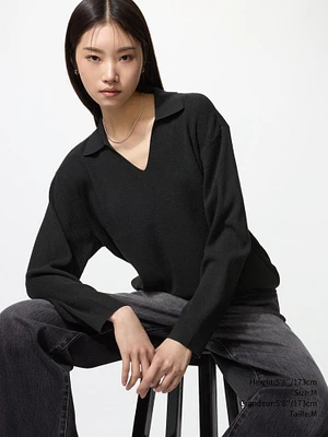 WASHABLE KNIT RIBBED POLO SWEATER
