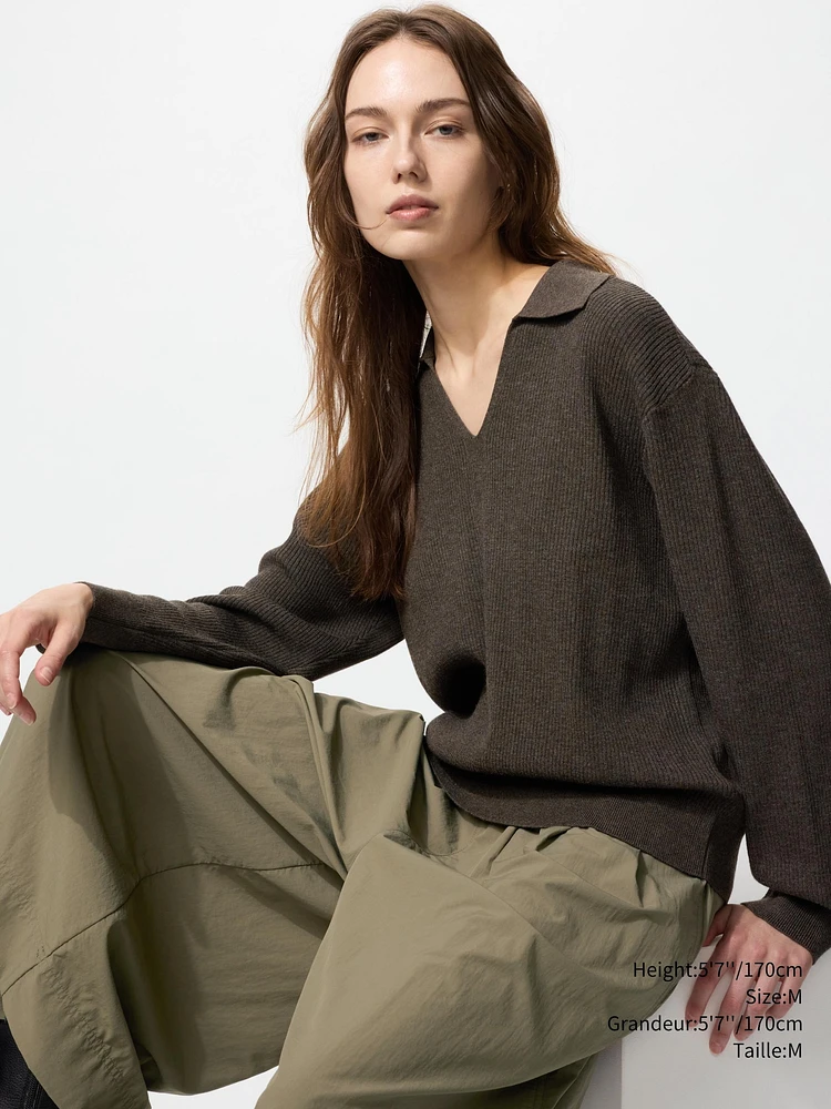 WASHABLE KNIT RIBBED POLO SWEATER
