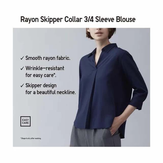 Check styling ideas for「Rayon Skipper Collar 3/4 Sleeve Blouse