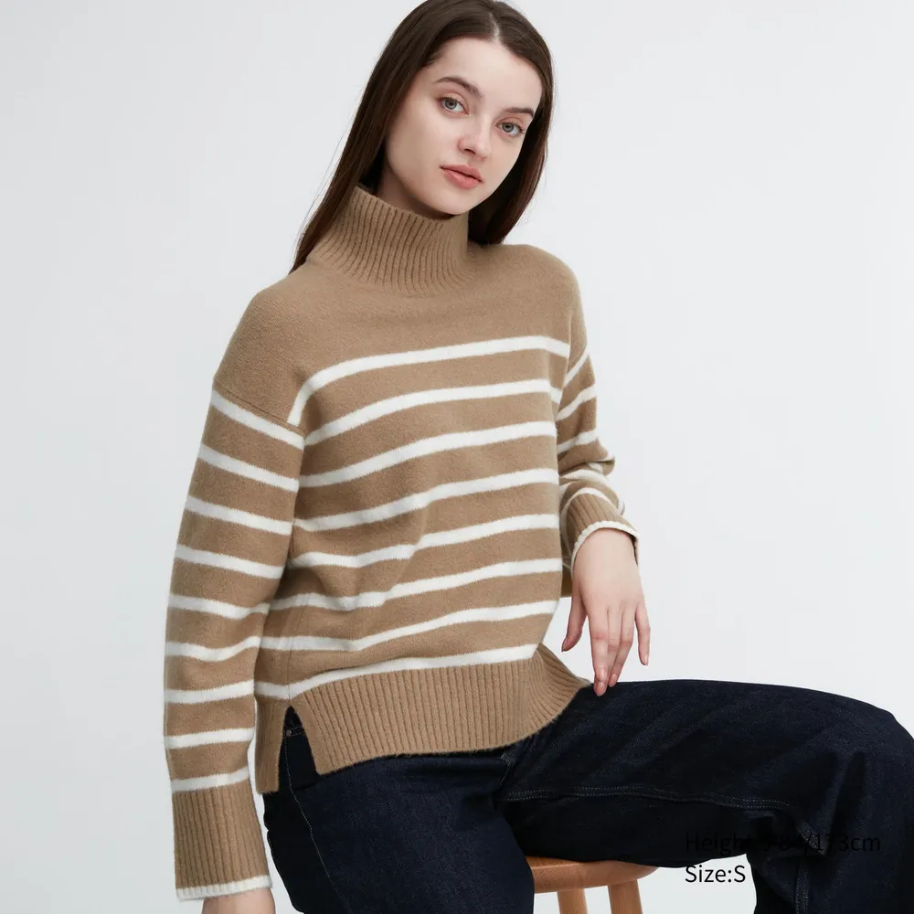 UNIQLO Souffle Yarn Striped High Neck Long-Sleeve Sweater