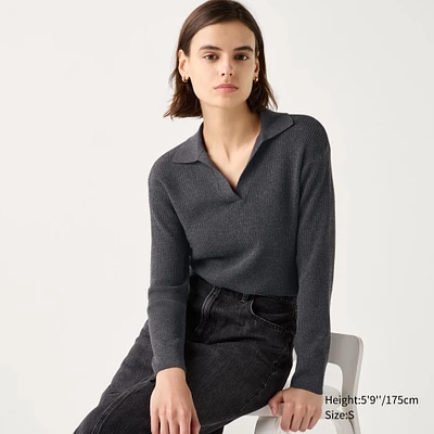 Washable Knit Ribbed Polo Sweater