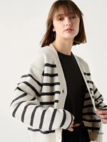 Souffle Yarn Short Cardigan | Striped V-Neck