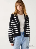 Souffle Yarn Short Cardigan | Striped V-Neck