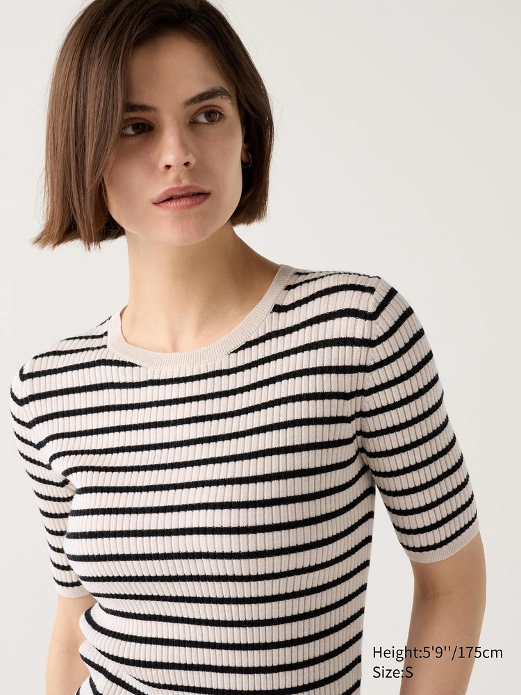 Merino Ribbed Sweater | Half Sleeve | Striped