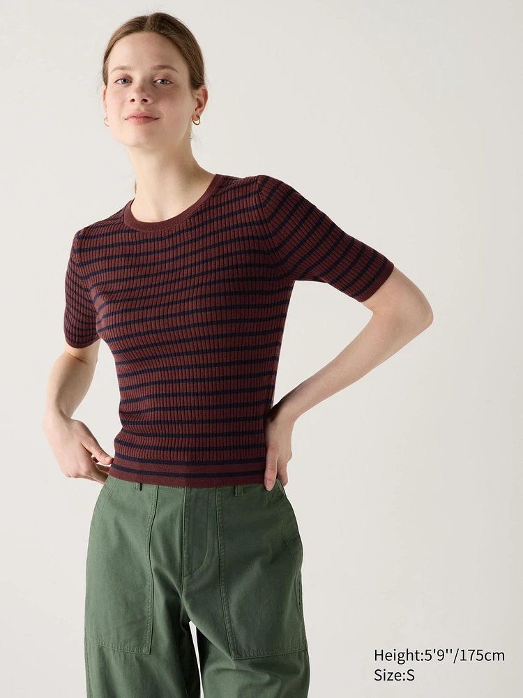 Merino Ribbed Sweater | Half Sleeve | Striped