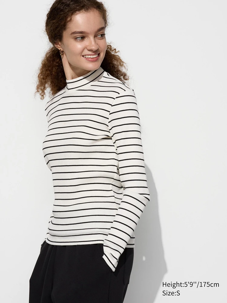 Ribbed High Neck T-Shirt | Long Sleeve Striped