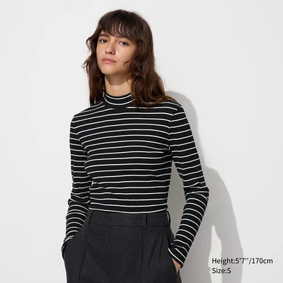 Ribbed High Neck Long Sleeve Striped T-Shirt