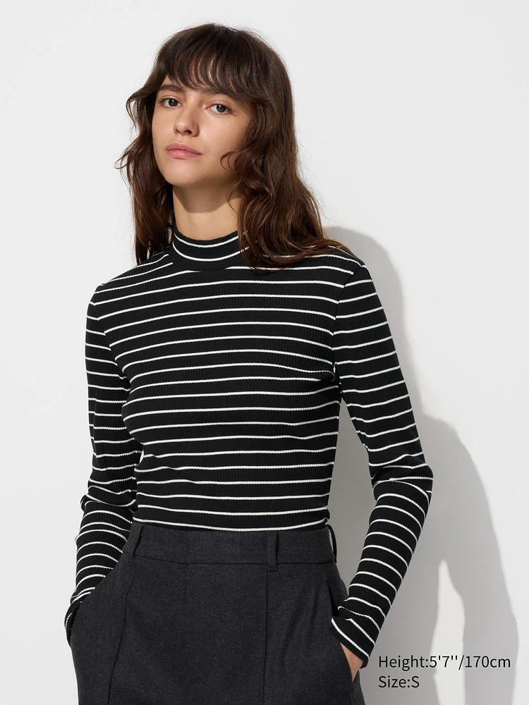 Ribbed High Neck T-Shirt | Long Sleeve Striped