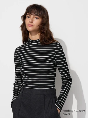 Ribbed High Neck T-Shirt | Long Sleeve Striped