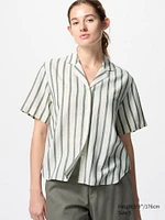 Linen Blend Open Collar Shirt | Short Sleeve Striped