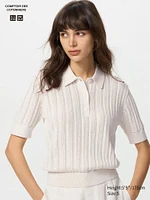 Cotton Pointelle Polo Sweater | Short Sleeve