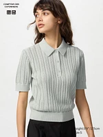 Cotton Pointelle Polo Sweater | Short Sleeve