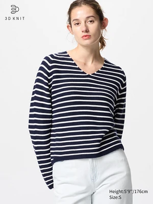 3D Knit Cotton Relaxed Sweater | V-Neck Striped