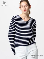 3D Knit Cotton Relaxed Sweater | V-Neck Striped