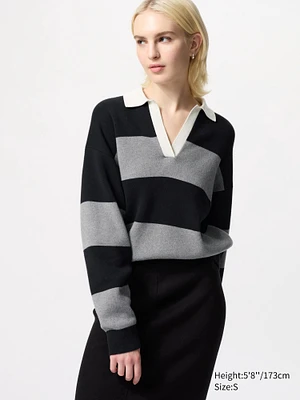 Smooth Cotton Relaxed Polo Sweater | Striped