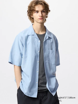 Cotton Linen Open Collar Shirt | Short Sleeve