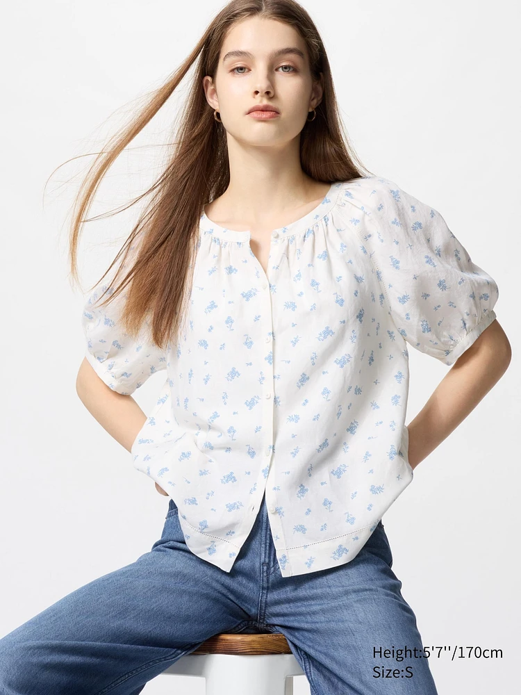 Linen Blend Volume Sleeve Blouse | Printed