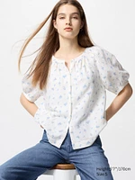 Linen Blend Volume Sleeve Blouse | Printed