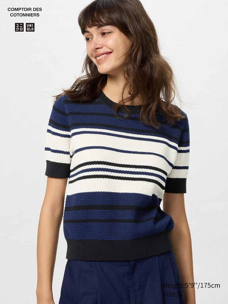 Cotton Popcorn Sweater | Short Sleeve Striped