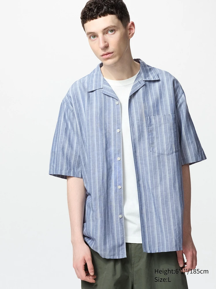 Cotton Linen Open Collar Shirt | Short Sleeve Striped