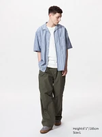 Cotton Linen Open Collar Shirt | Short Sleeve Striped