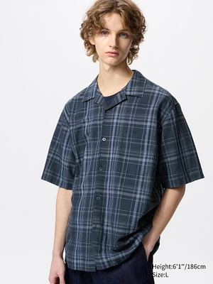 Cotton Linen Open Collar Shirt | Short Sleeve Checked