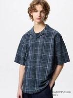 Cotton Linen Open Collar Shirt | Short Sleeve Checked