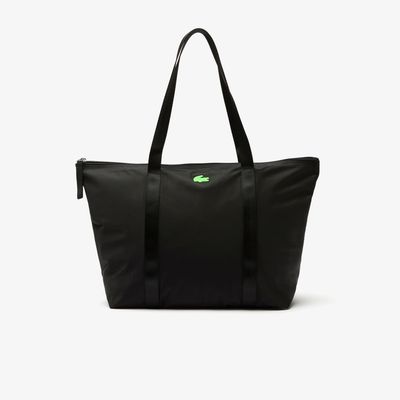Lacoste Grand sac cabas unisexe Izzie en toile avec anses rayées Taille Taille unique Noir Vert Fluo
