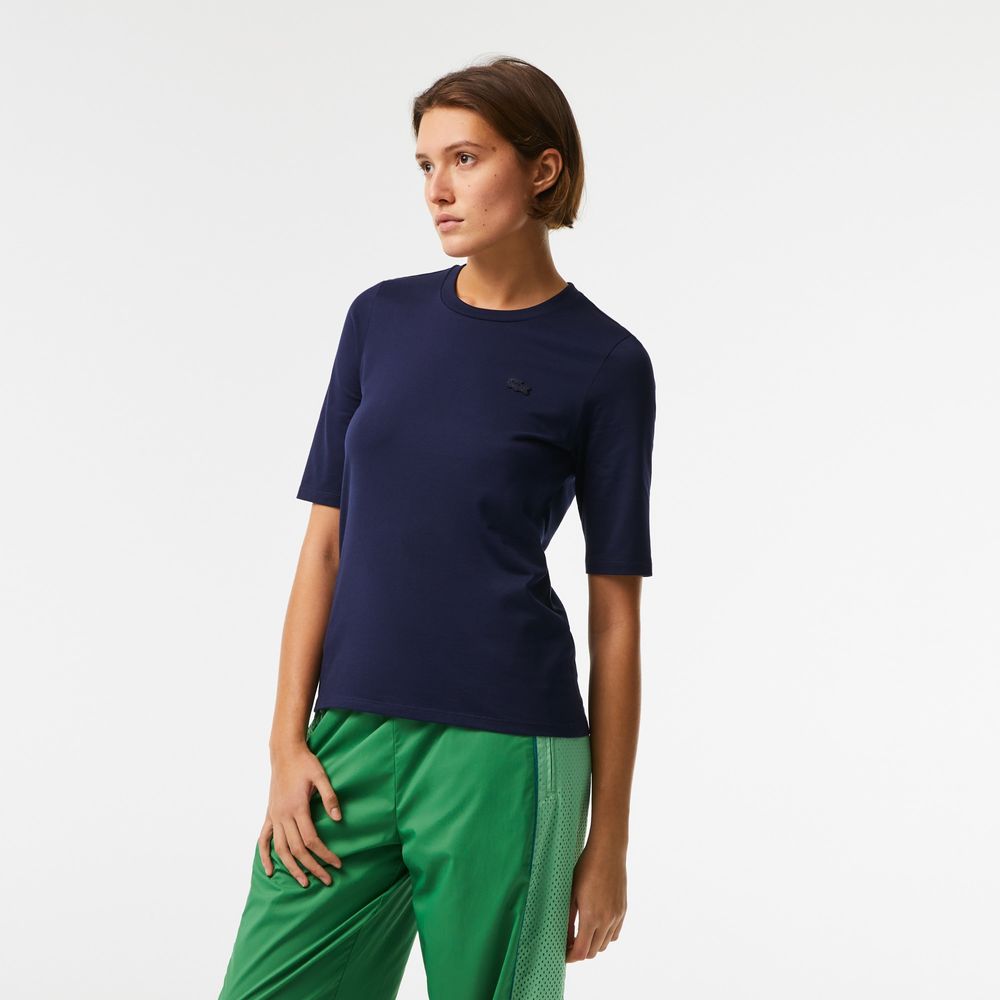 Lacoste T-shirt à col rond et manches trois-quarts en coton uni Taille Bleu Marine