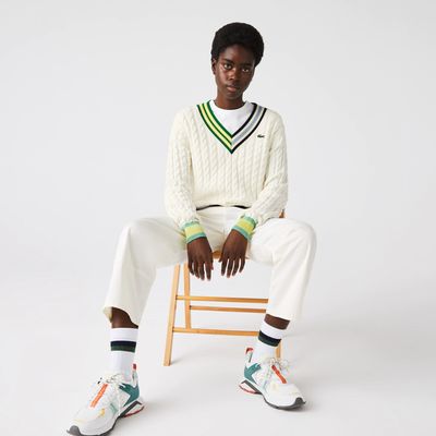 Lacoste Pull torsadé col V Héritage en coton mélangé avec détails colorés Taille Blanc