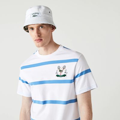 Lacoste T-shirt à col rond en jersey de coton rayé avec broderie tennis Taille Blanc/bleu