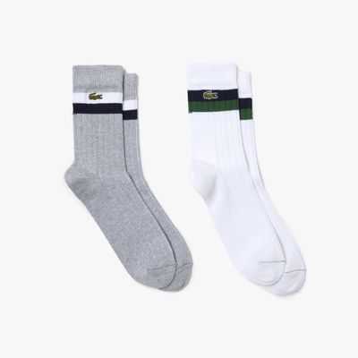 Lacoste Lot de 2 paires de chaussettes montantes unisexe en coton rayé Taille / Gris Chine/blanc/bleu Marine/vert