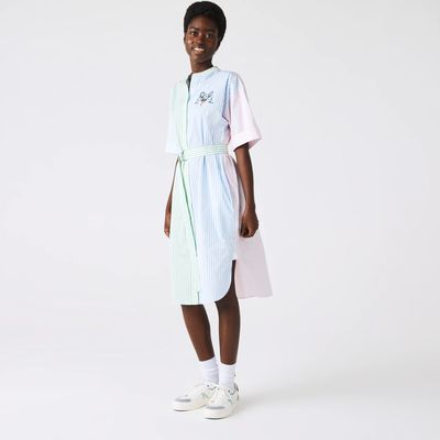Lacoste Robe chemise patchwork à rayures dépareillées et broderie tennis Taille Blanc