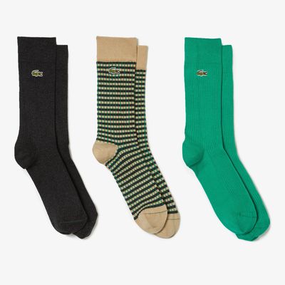 Lacoste Lot de 3 chaussettes unisexes en maille côtelée et jacquard Taille 39/42 Beige/gris/vert