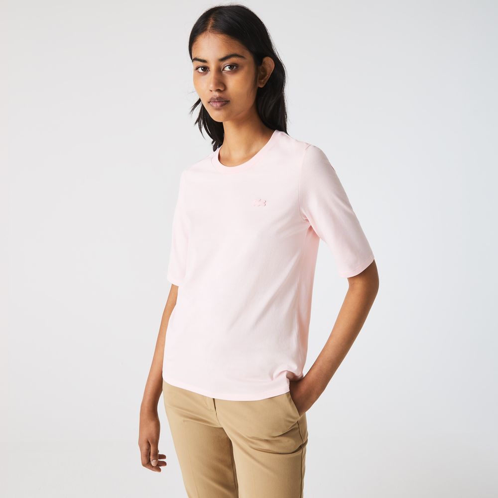 Lacoste T-shirt à col rond et manches trois-quarts en coton uni Taille Rose Pale