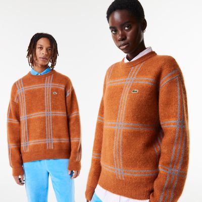 Pull unisexe Lacoste relaxed fit motif tartan en laine mélangée Taille 3XL Marron/bleu/orange